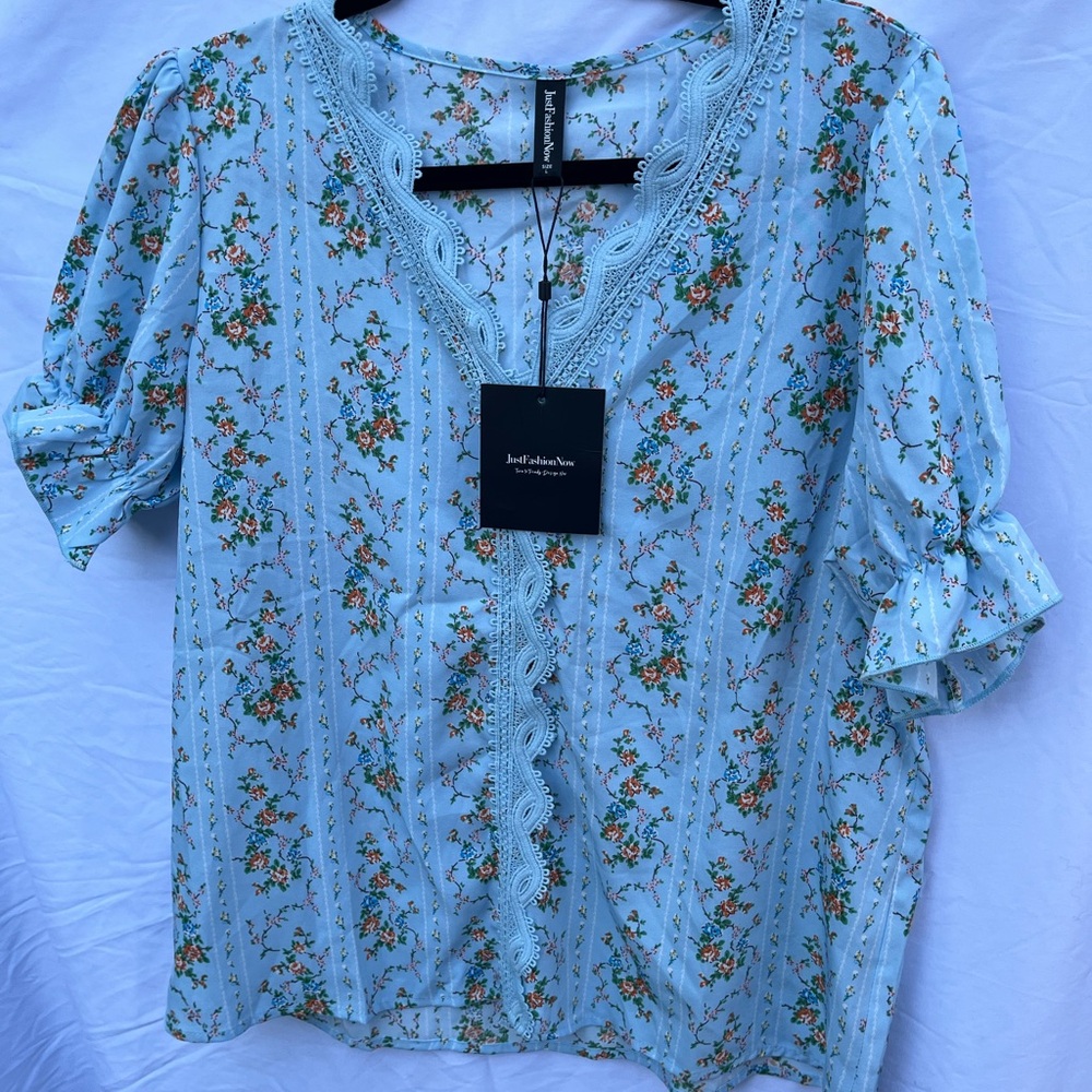 Blue and Green Flutter Sleeve Ruffled Blouse